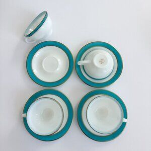Vintage Pyrex Turquoise Blue & Gold Milk Glass Teacups & Saucers (Set of 4)